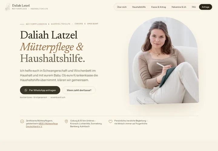 Website-Entwurf für Mütterpflege Coburg: warme Gestaltung mit großem Porträt und klarer Typografie.